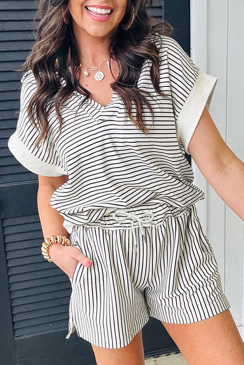 Striped V Neck Contrast Cuff Top And Drawstring Short Lounge Set